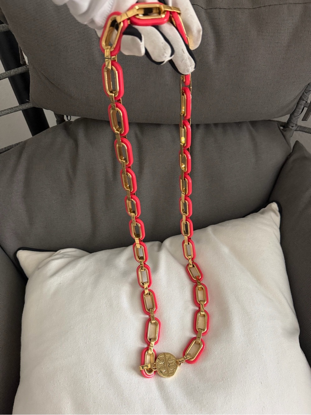 Tory Burch Gold-Tone Chain Necklace /belwith Pink Enamel Links and Logo Medallio